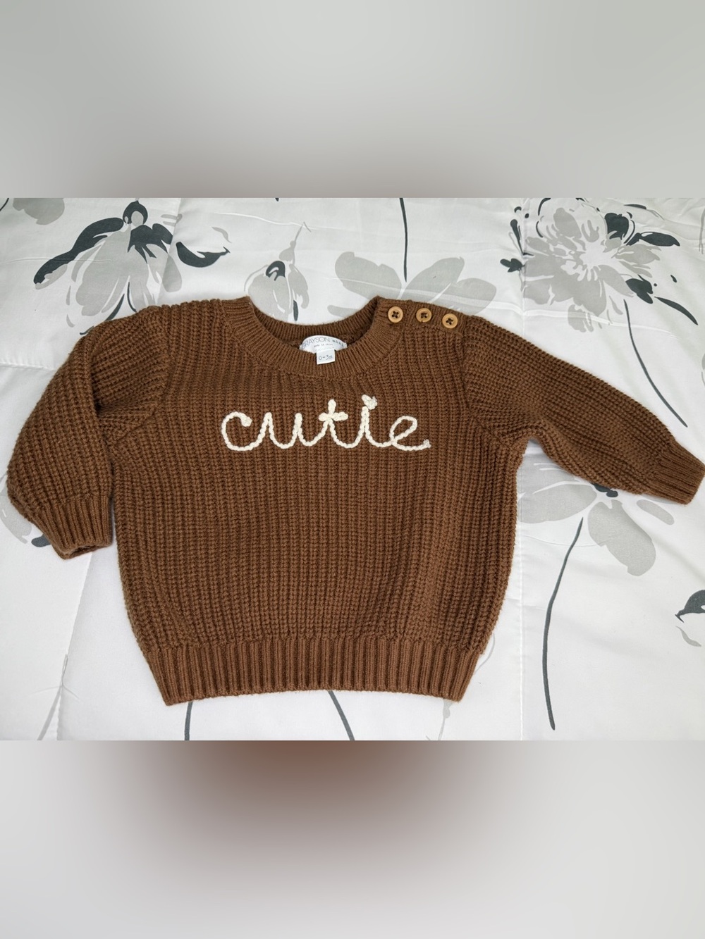 Grayson Mini Baby Chunky Knit Brown “Cutie” Embroidered Sweater Baby 0-3m unisex